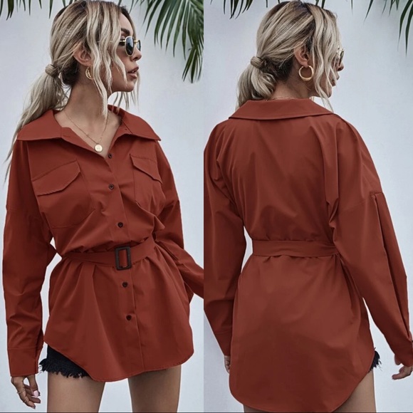 Button Detail Belted Long Sleeve Shirt- BRICK - Picture 2 of 10